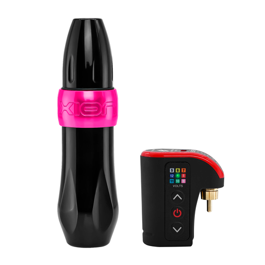 A powerful duo, the versatile Xion S (show in Bubblegum pink) pen-style tattoo machine with the LightningBolt battery pack to make the Xion ...wireless!