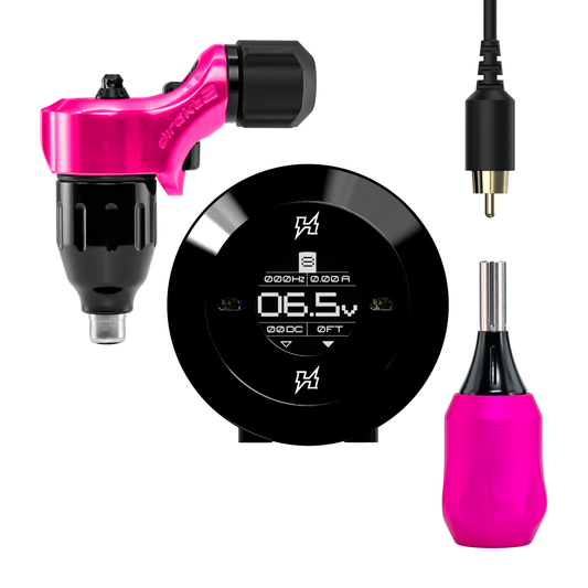 Spektra Direkt2 tattoo machine, the hand gesture-controlled Hover power supply, RCA cord and grip in pink as part of the while-supplies-last bundles