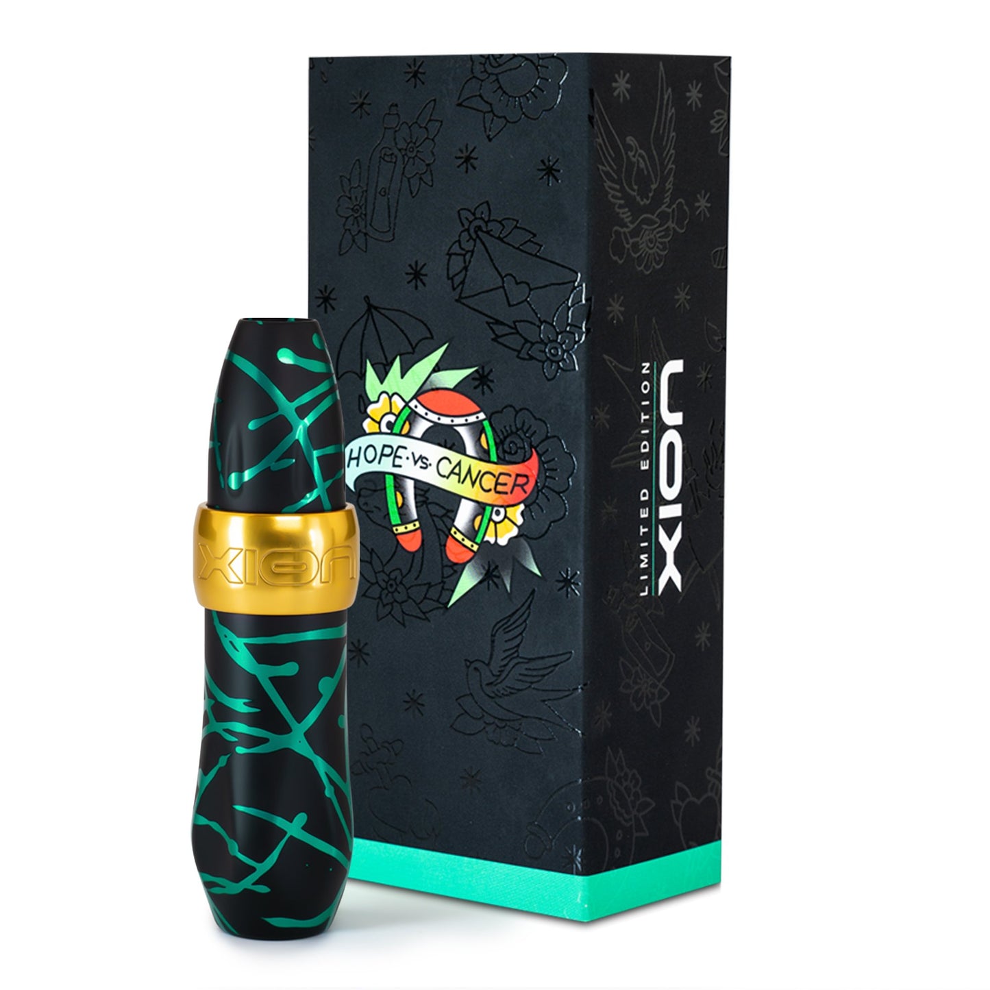 Limited edition Spektra Xion, anodized black with teal squiggles and goldtone. Includes a special Hope vs Cancer box. Proceeds go to funding pediatric cancer.